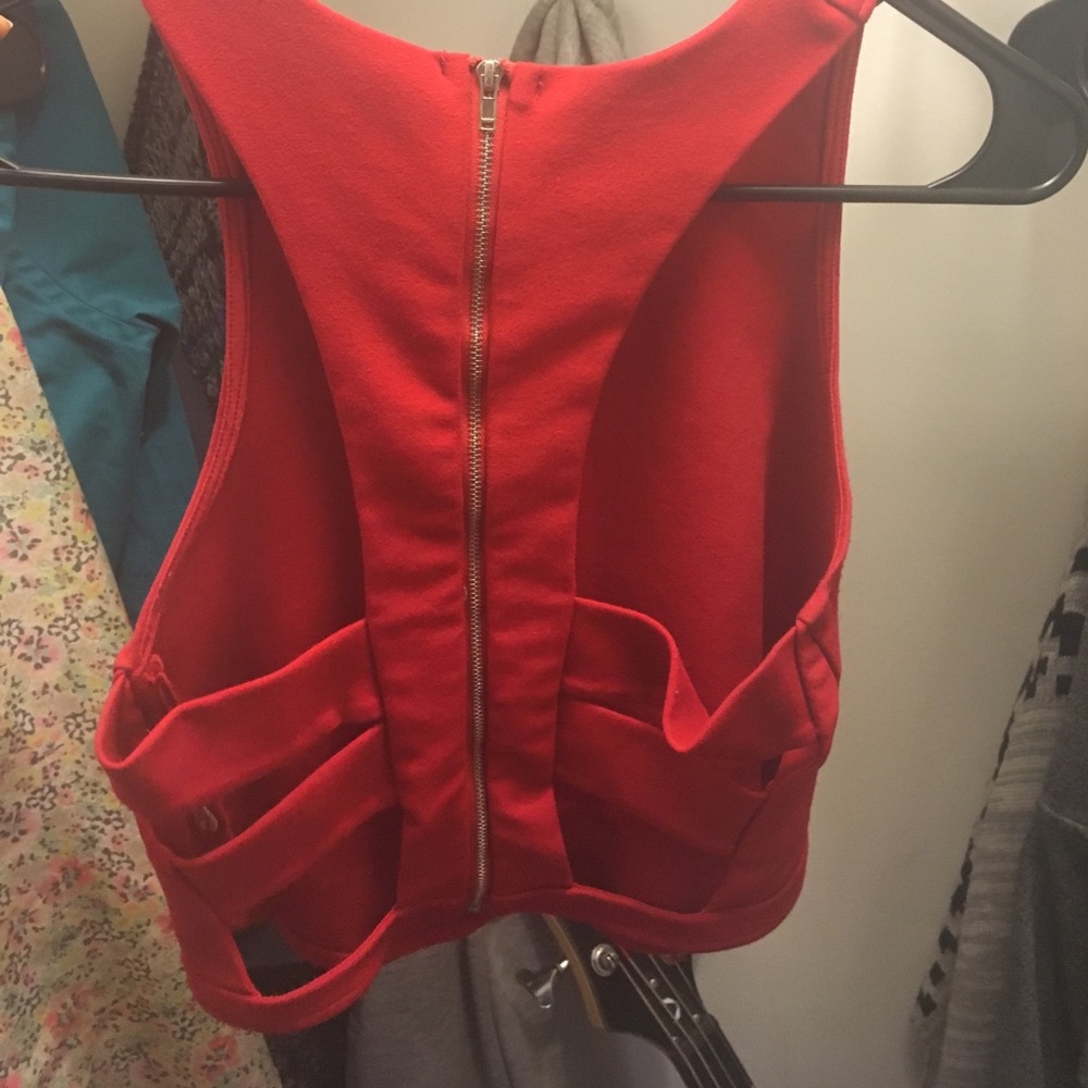 red, crop top cross back.